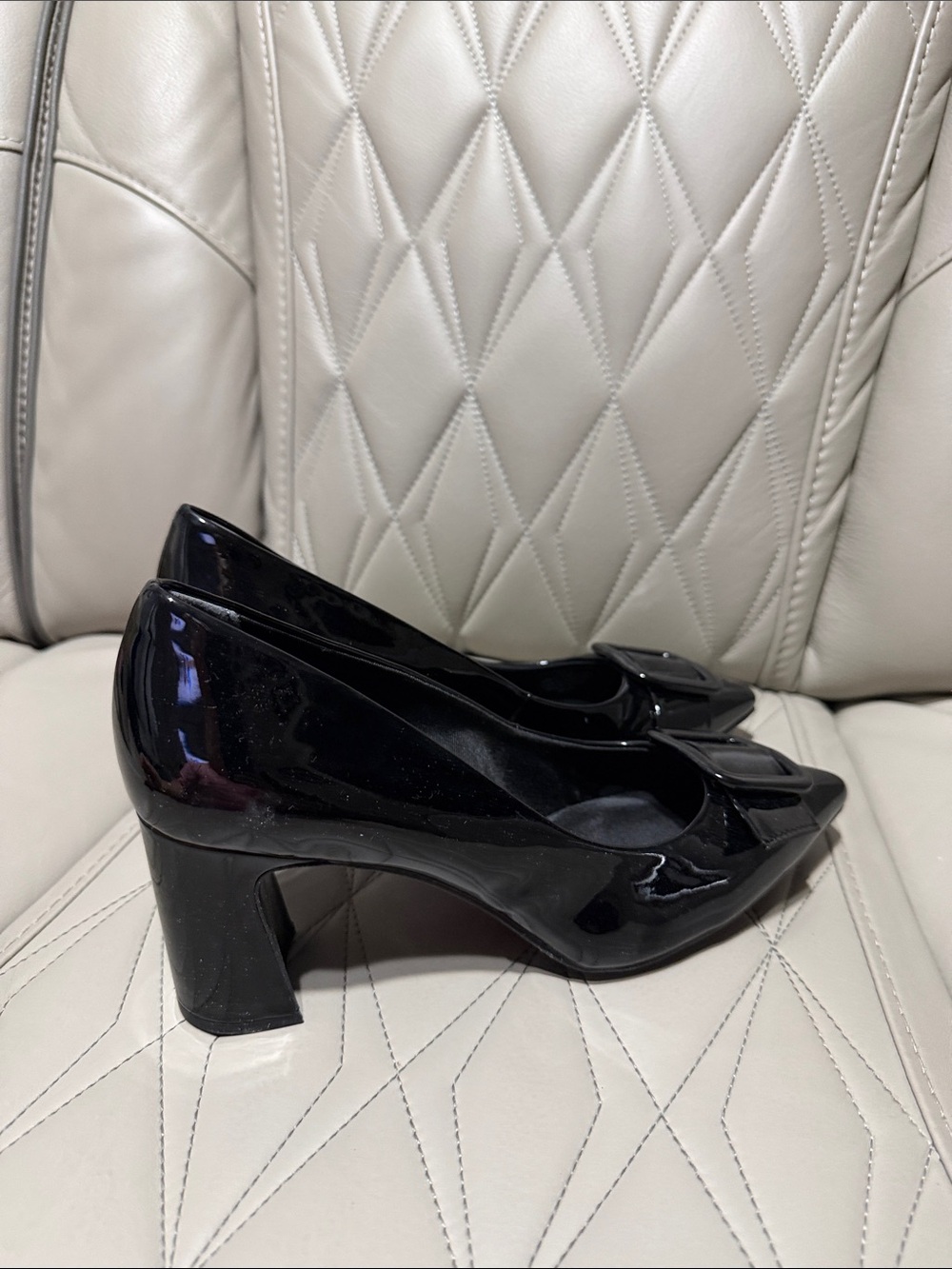 Anne Klein Black Patent Block Heel Pumps with Decorative Buckle - Picture 8 of 10